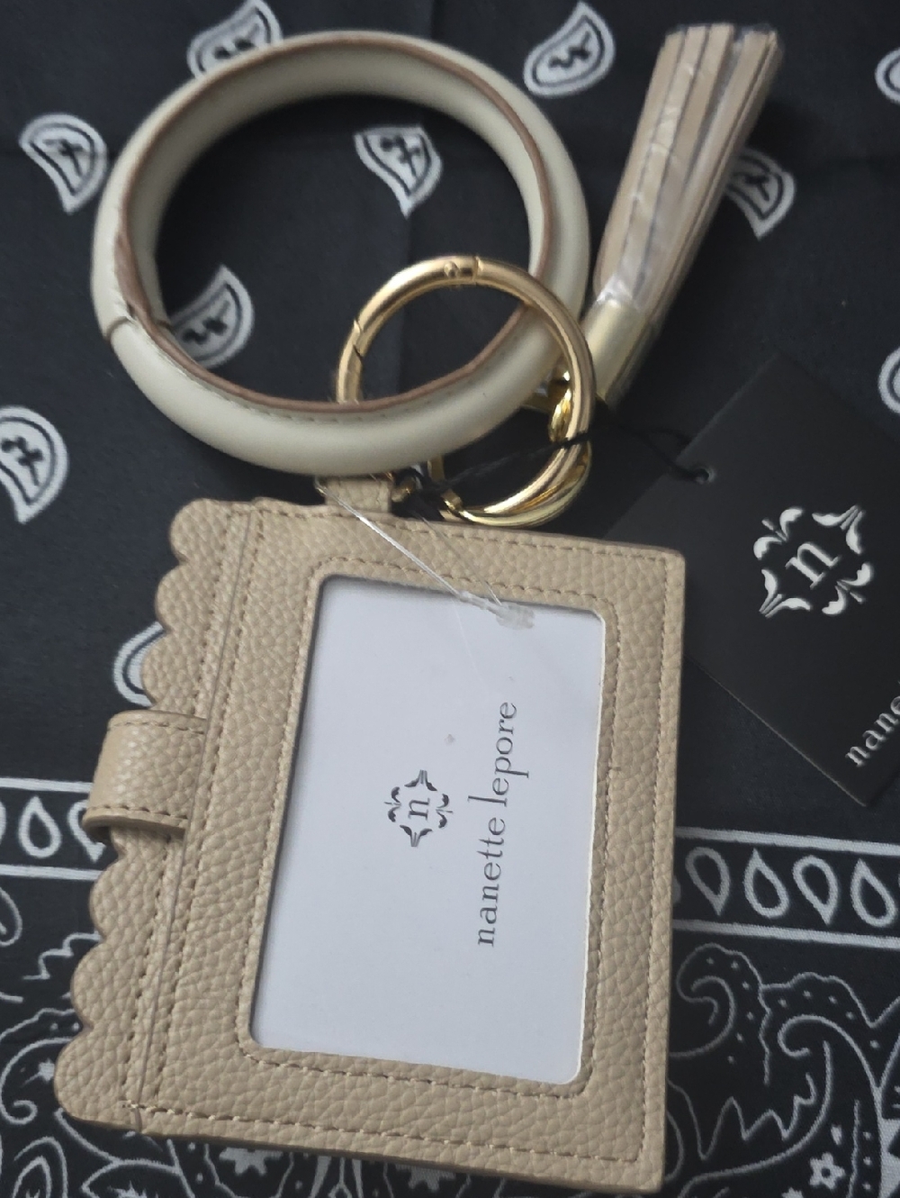 Nanette Lepore Cream Leather Card Holder Keyring with Tassel Wristlet